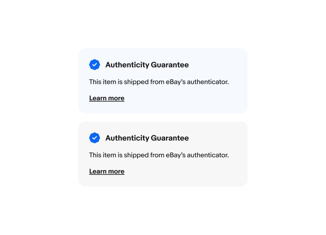 Two education notices stacked on top of each other. The first one has a light blue background with filled “Authenticity Guarantee” icon. The second one has a light gray background with filled “Authenticity Guarantee” icon.