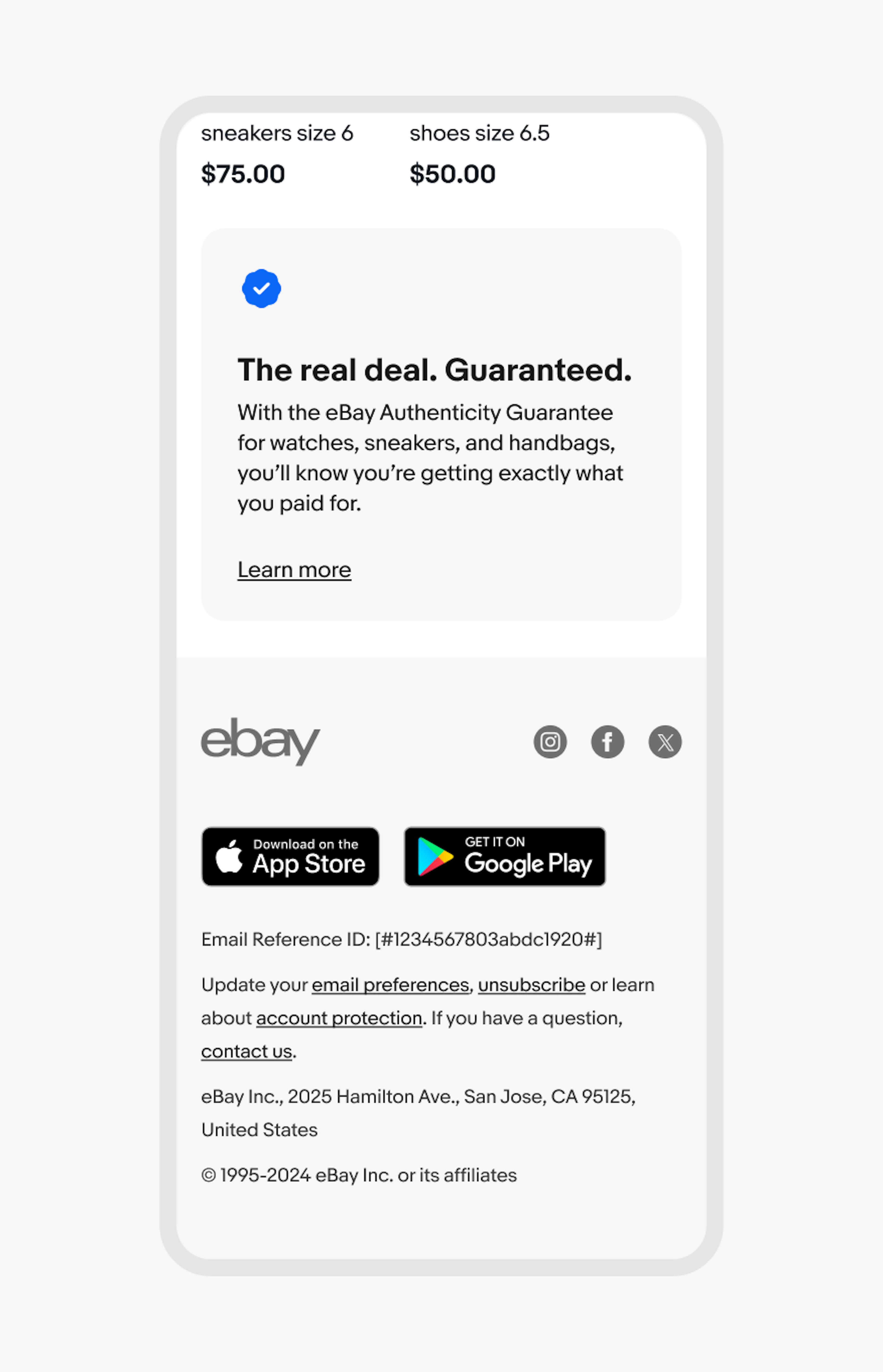 An eBay mobile email in light mode, showcasing a banner with dark blue text and iconography on top of a light blue background.