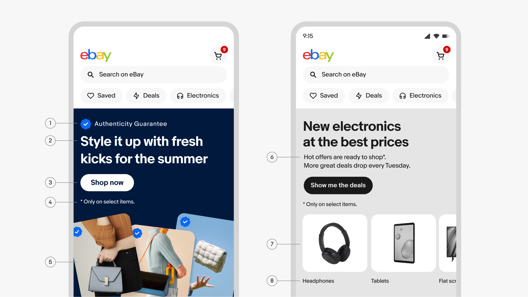 Two mobile banner examples with various aspects called out using pointers. Number 1 points to the signal - a small check icon that says “Authenticity Guarantee”  at the top of the banner. Number 2 points to the bolded headline which sites below the signal. Number 3 points to a solid black button below the headline. Number  4 point to a small disclaimer of text that says, “*Only on select items”. Number 5 points to a horizontal stack of 3 images underneath the disclaimer.  Number 6 points to 2 lines of body copy underneath a headline in the second example. Number 7 points to a carousel with 3 images called “destination cards”. Number 8 points to a string of text under each destination card called “destination links”.
