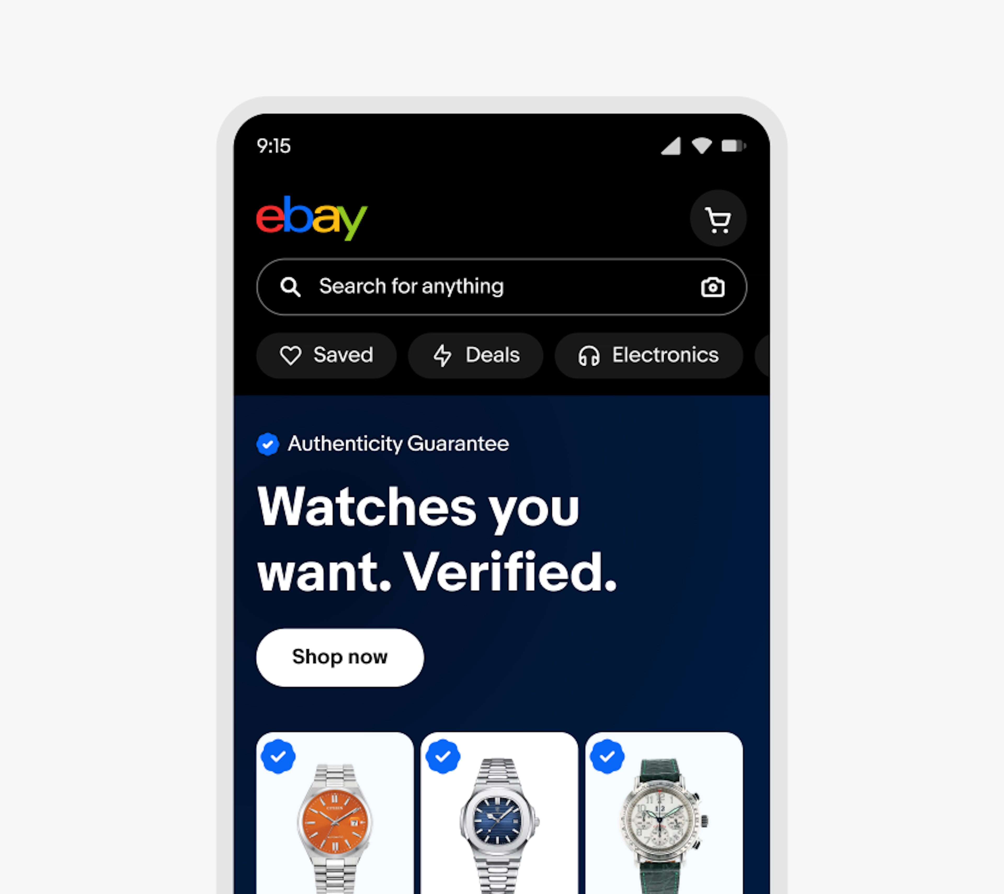 The eBay logo in the top navigation of the mobile app.