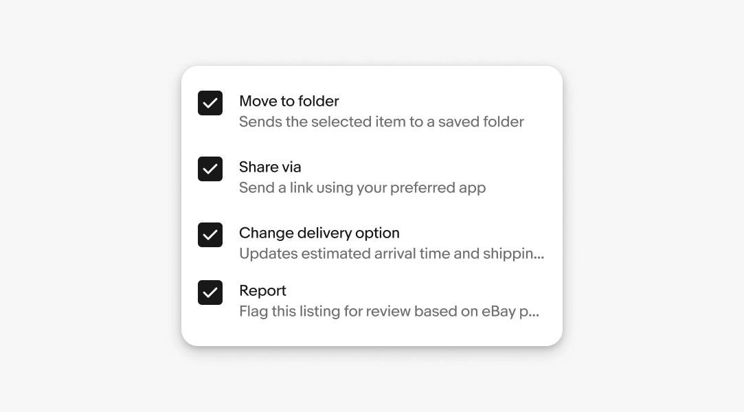 Menu with icons and brief descriptions: Move to folder, Share via app, Change delivery option, Report.