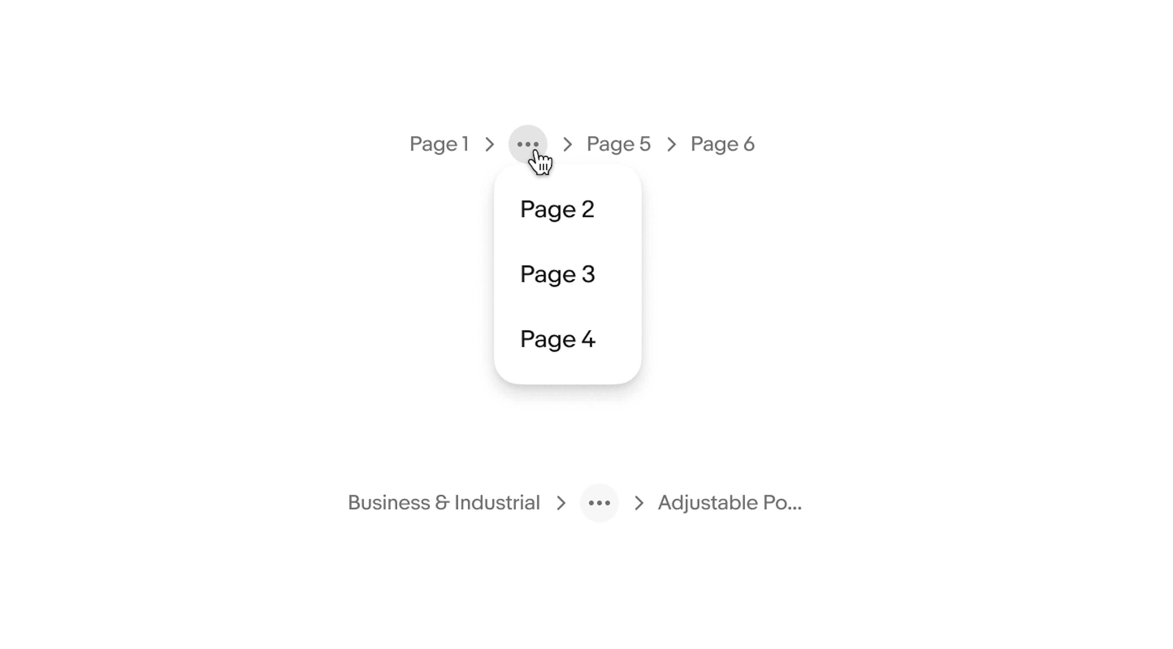 Pagination control with collapsed page links showing 'Page 1', an overflow menu, and 'Page 6'; breadcrumb trail for 'Business & Industrial > Adjustable Po...' with truncated text.