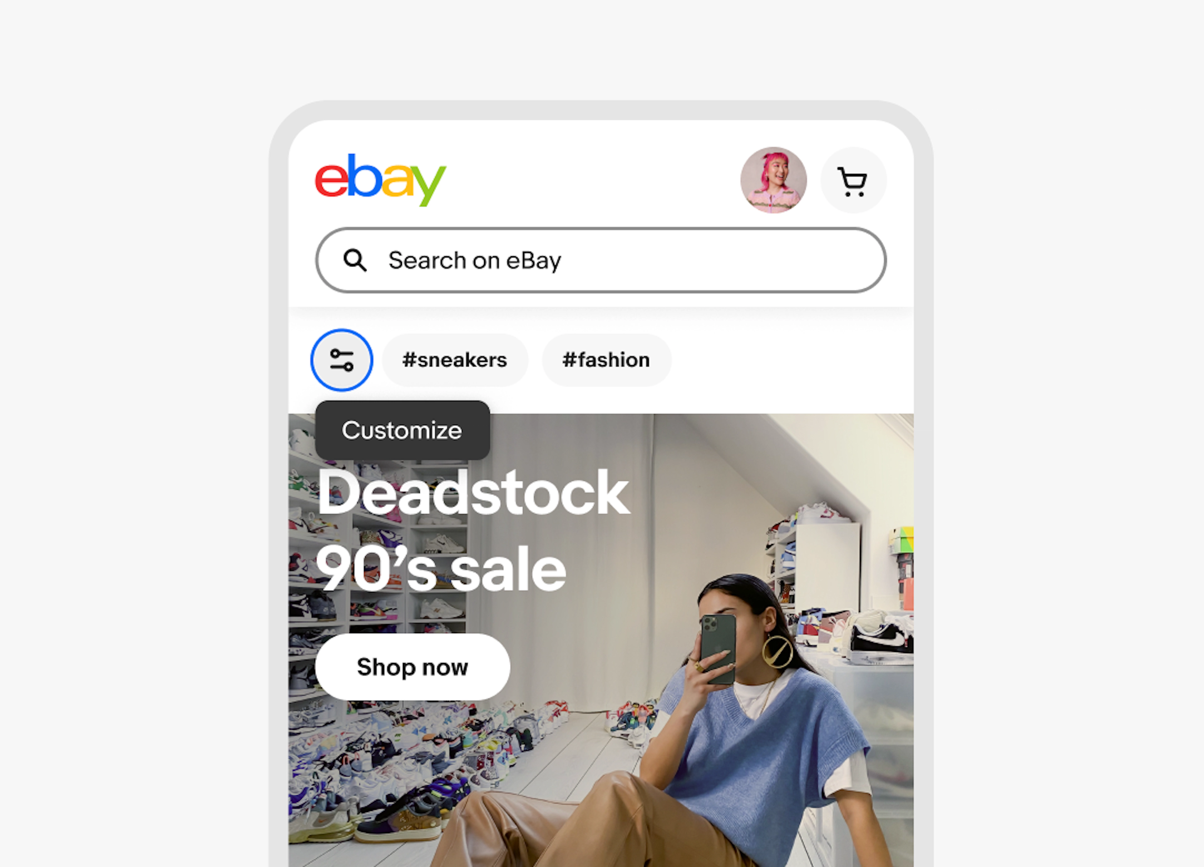 A ‘Customize’ tooltip sits below a Customize icon button on the eBay app.
