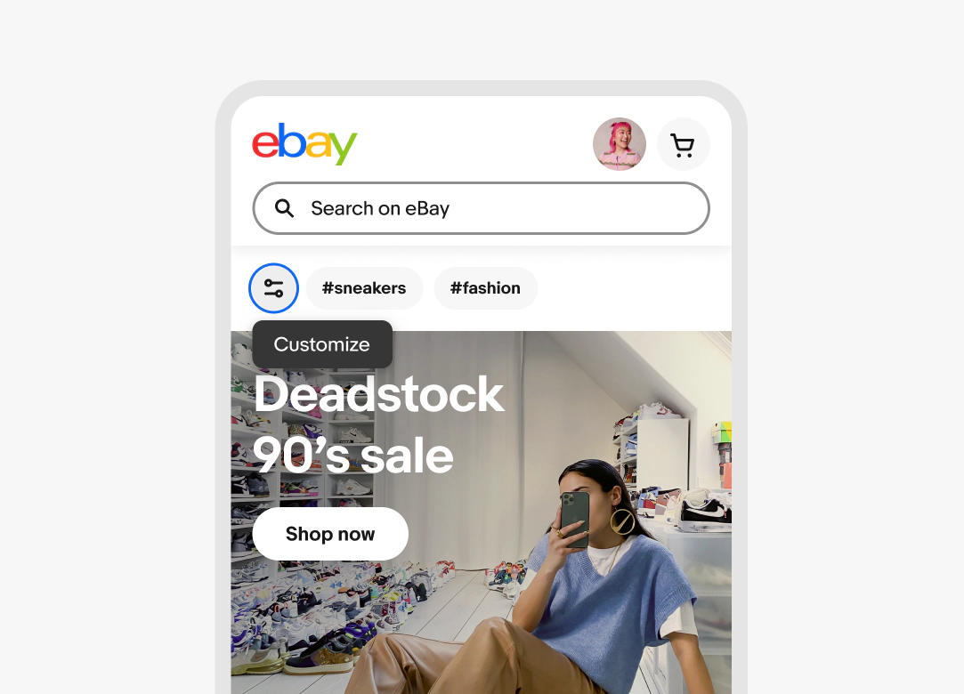 A ‘Customize’ tooltip sits below a Customize icon button on the eBay app.