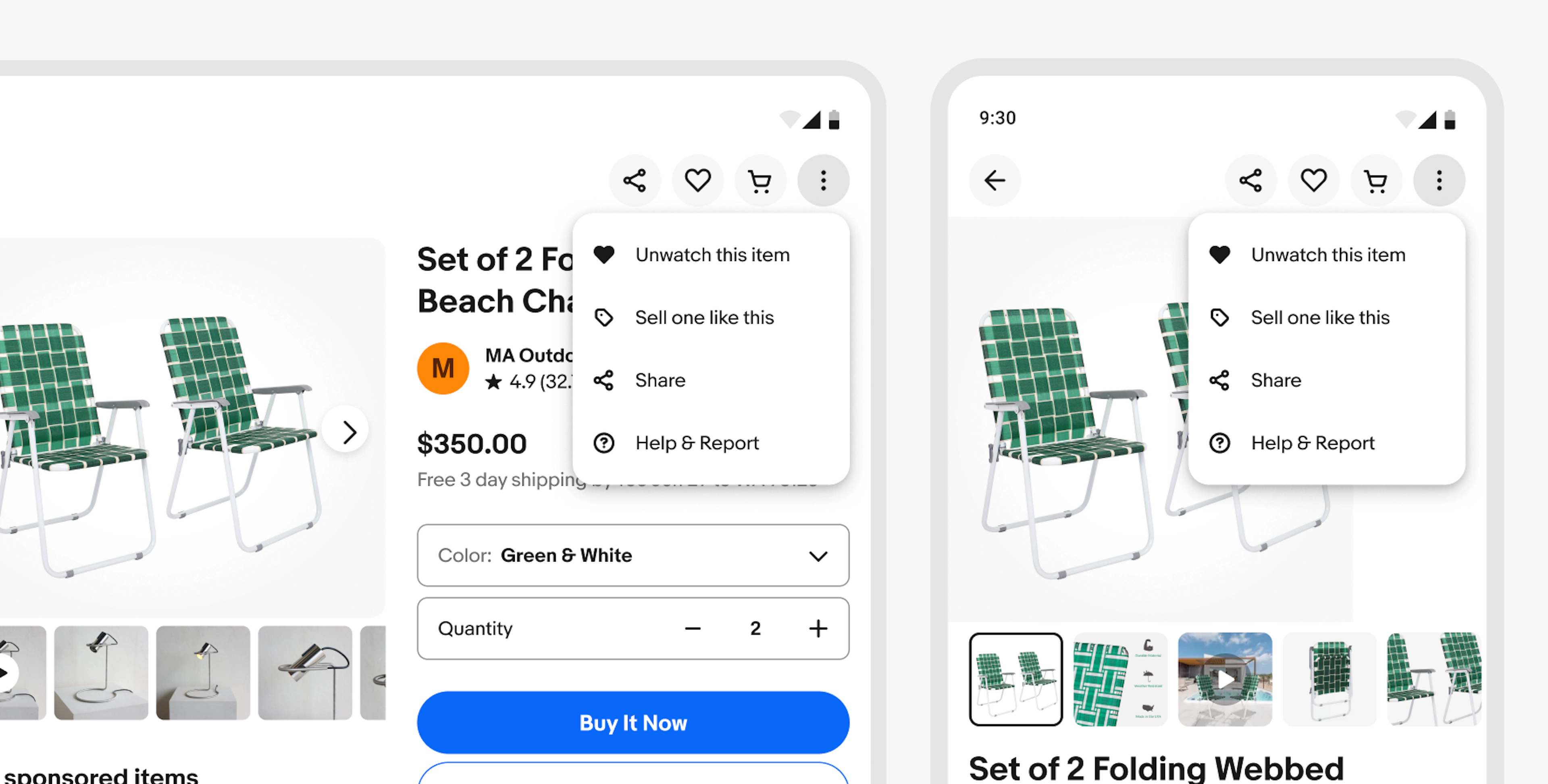 A tablet and mobile Android screen side-by-side: eBay item page with overflow popover menu of actions; Unwatch item, Sell on like this, Share, Help & Report