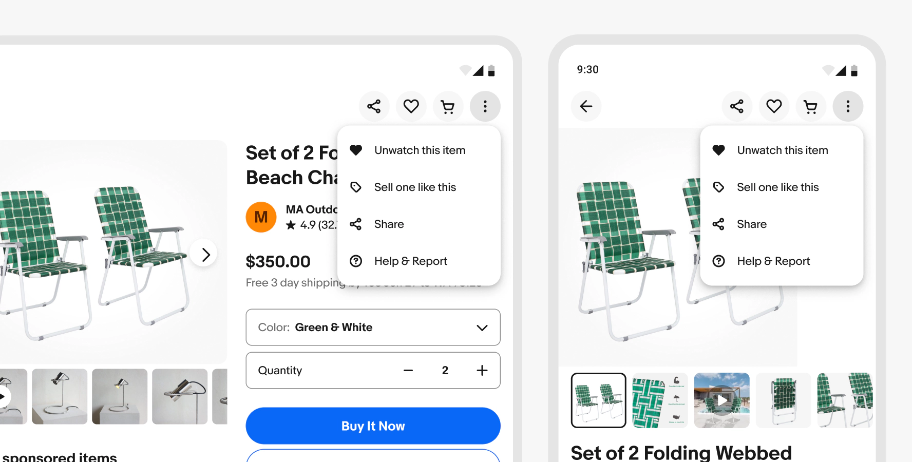 A tablet and mobile Android screen side-by-side: eBay item page with overflow popover menu of actions; Unwatch item, Sell on like this, Share, Help & Report
