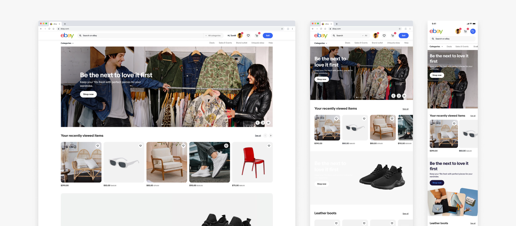 Examples of how banners look at 3 different screen sizes - desktop, tablet, and mobile. Each size has a lifestyle image background banner at the top, a carousel of products underneath it, and a light gray color background banner underneath that.