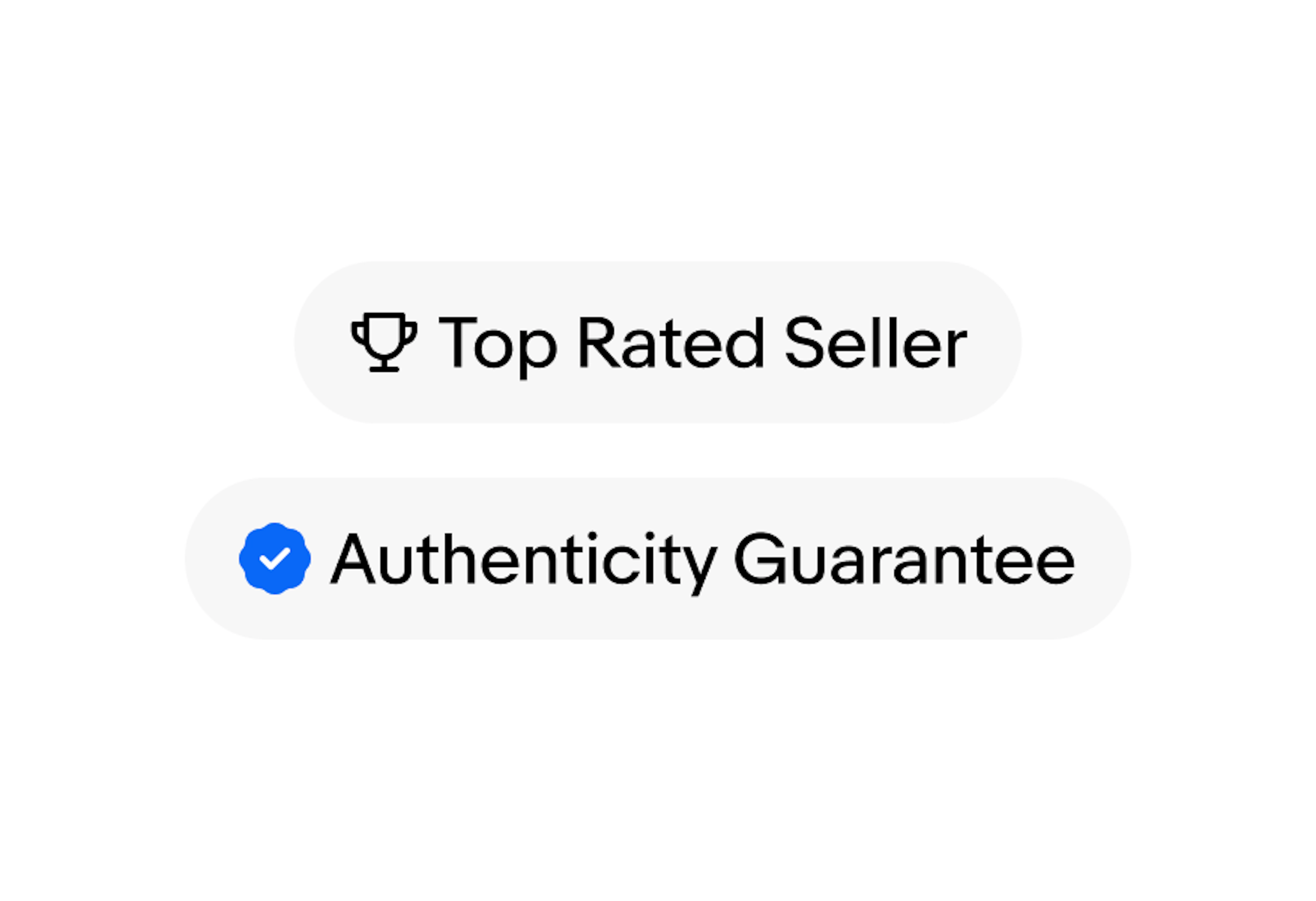 A Top Rated Seller filled UI Element with a top rated seller badge sits above an Authenticity Guarantee filled UI Element with an authenticity guarantee badge.