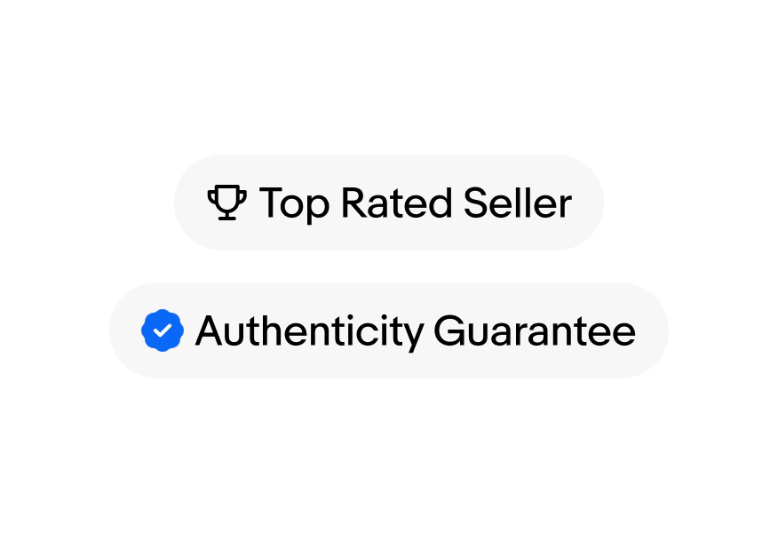 A Top Rated Seller filled UI Element with a top rated seller badge sits above an Authenticity Guarantee filled UI Element with an authenticity guarantee badge.
