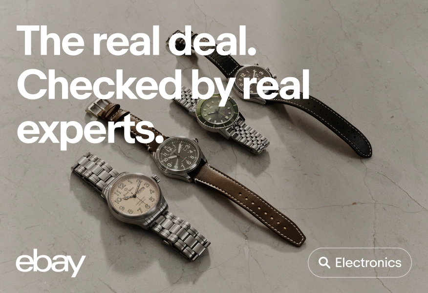 A promotional graphic featuring the headline "The real deal. Checked by real experts." above four wristwatches displayed on a stone surface, with eBay branding and a search bar labeled "Electronics."