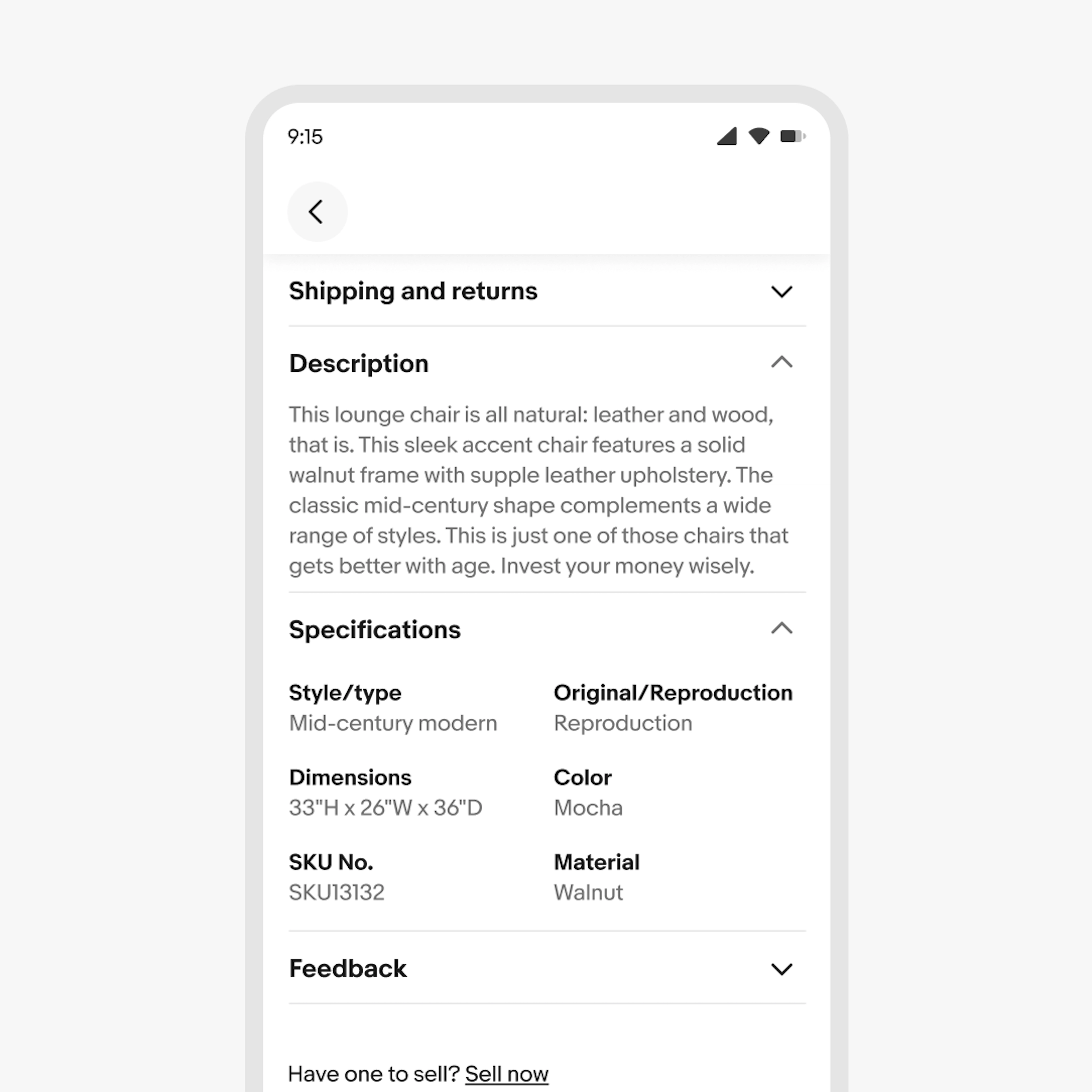 Mobile product details screen with expandable sections for shipping and returns, description, specifications, and feedback.