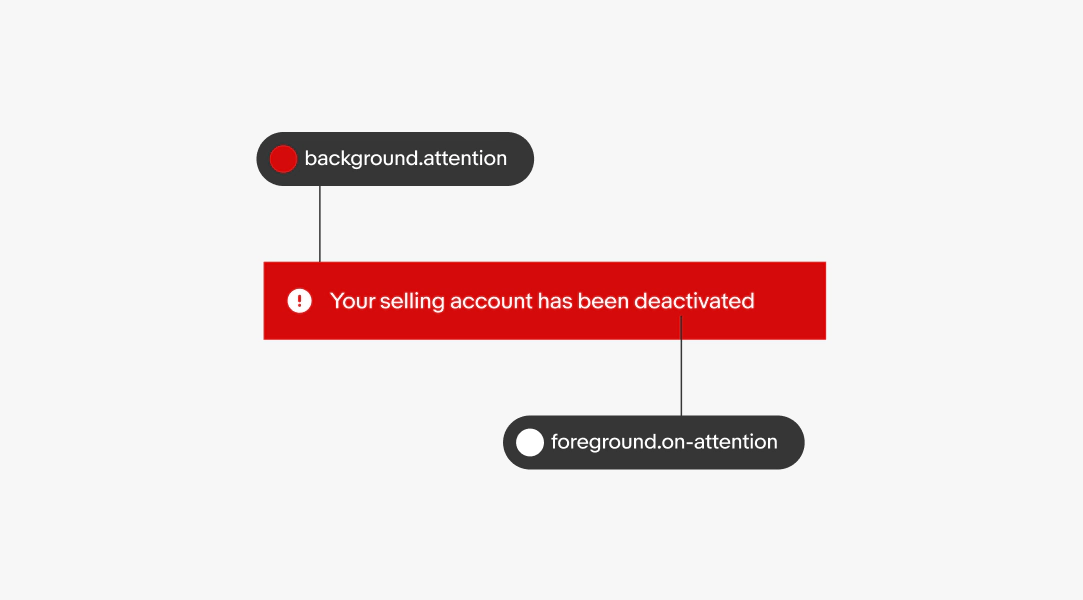 A section alert with token highlights. The background is a vibrant red called “background.attention. The foreground text is “foreground.on-attention”.