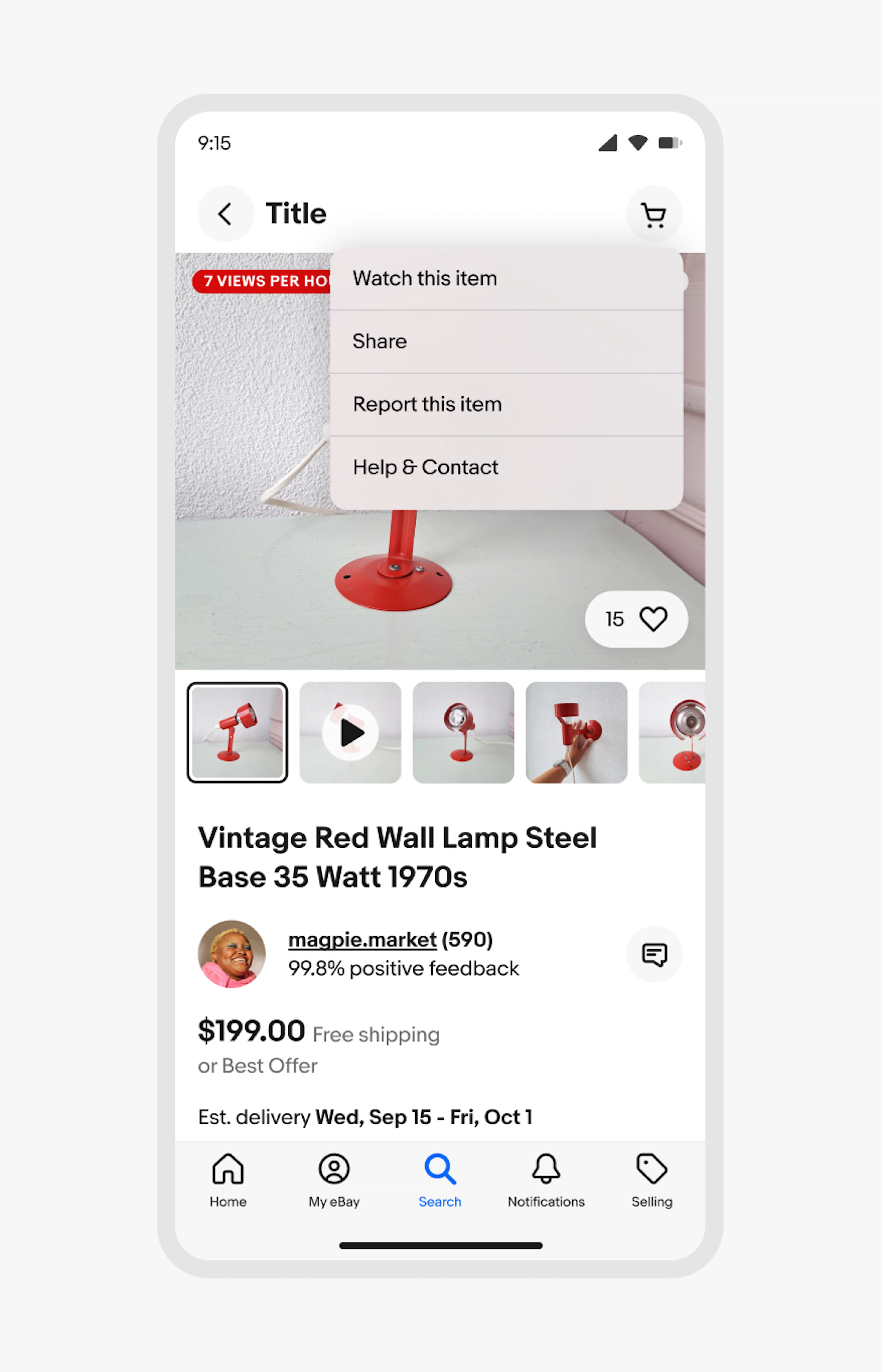 A popover sits below an overflow icon button on an item details page.