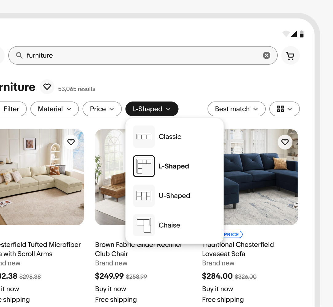 Furniture search results with a sofa-shape menu open and L-shaped selected among Classic, U-shaped, and Chaise options.
