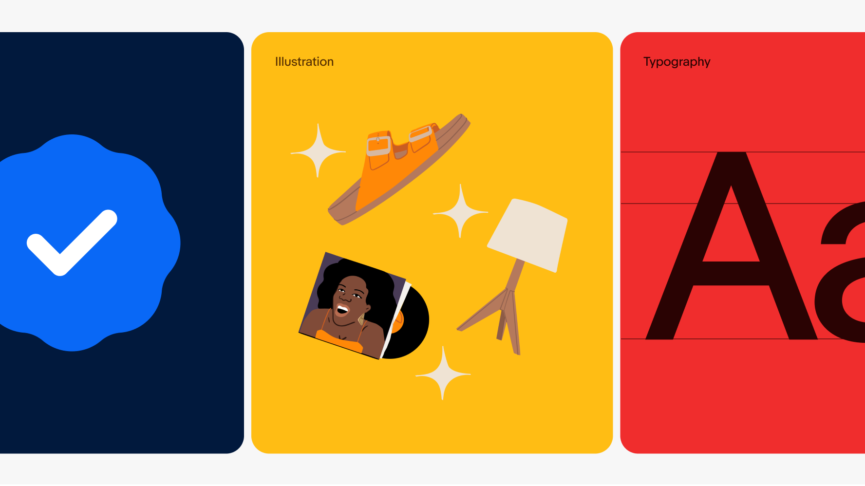 Three large colorful tiles highlighting iconography, illustration, and typography in color.