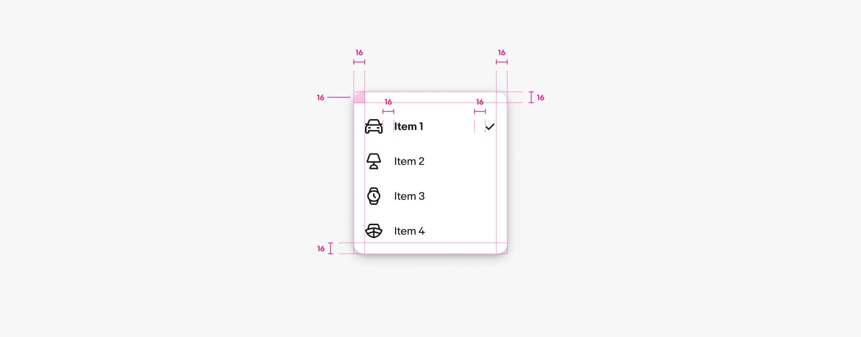 Menu spacing diagram showing 16px margins and padding; list with leading icons and trailing checkmark on Item 1.