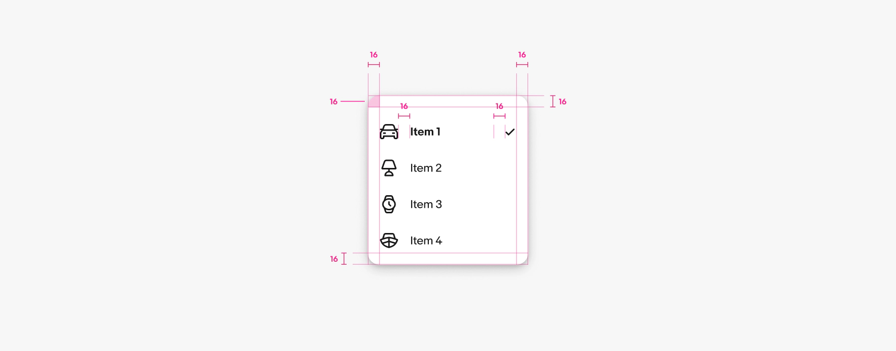 Menu spacing diagram showing 16px margins and padding; list with leading icons and trailing checkmark on Item 1.