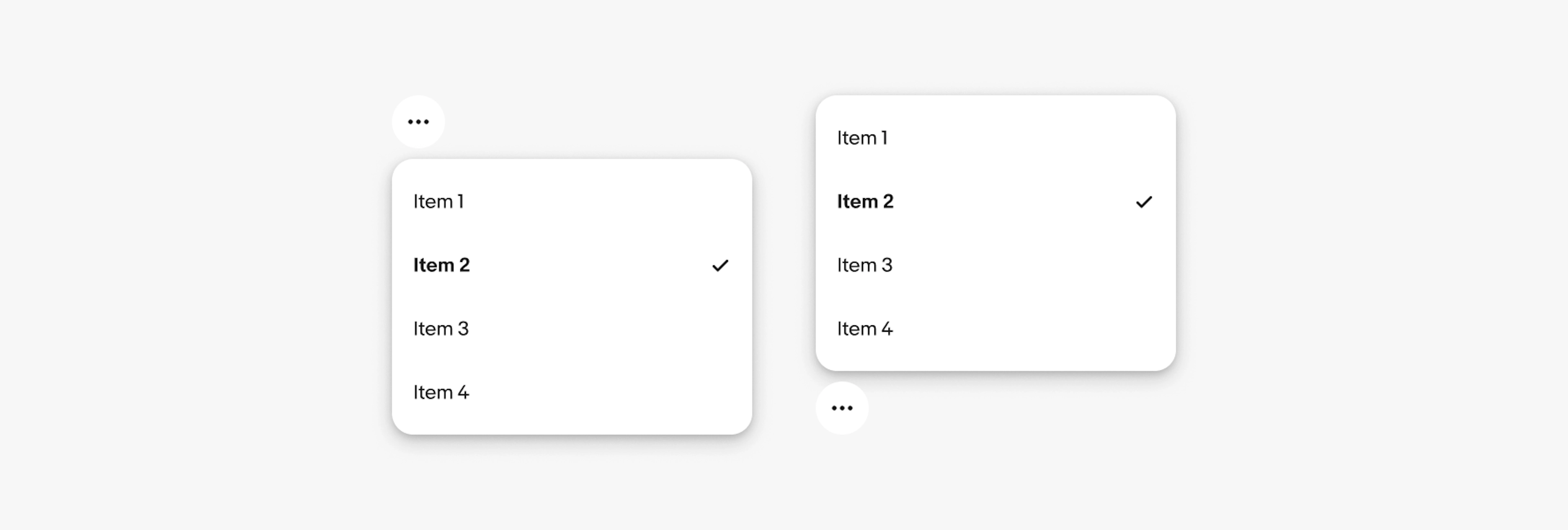Two overflow buttons with an example of a menu positioned below and above the button