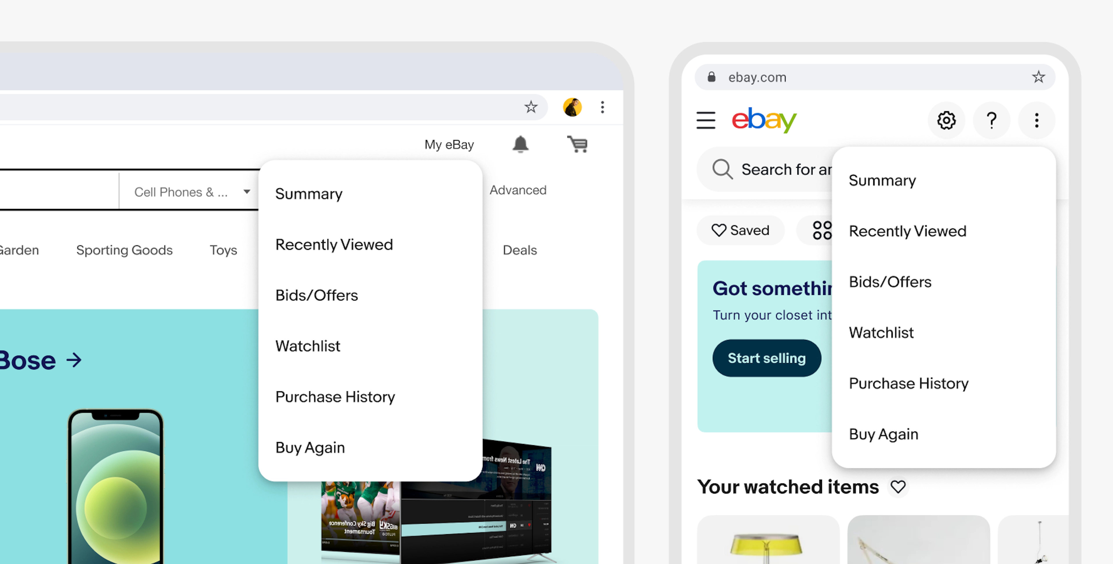 Web layout showing a menu anchored to a menu button on a large and small screen; actions include Buy again, Contact seller, Sell this item, Help & Report