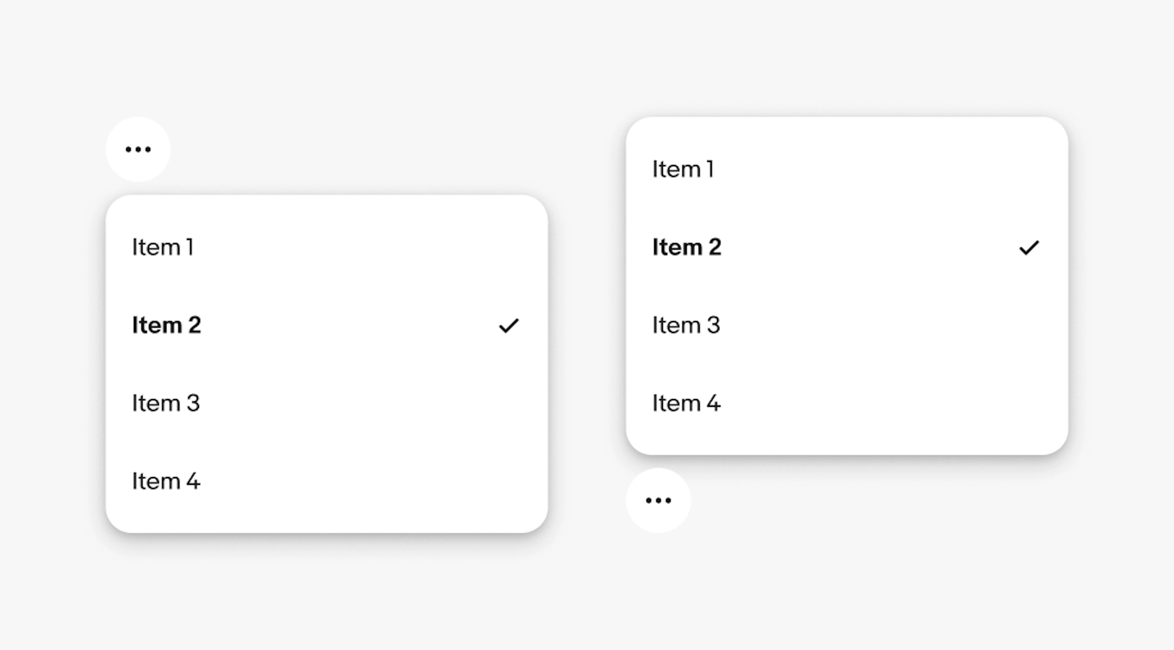Two overflow buttons with an example of a menu positioned below and above the button