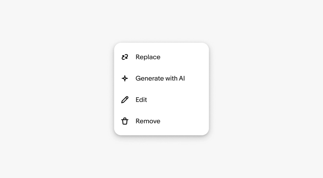 Menu listing Replace, Generate with AI, Edit, Remove, each paired with minimal icons.