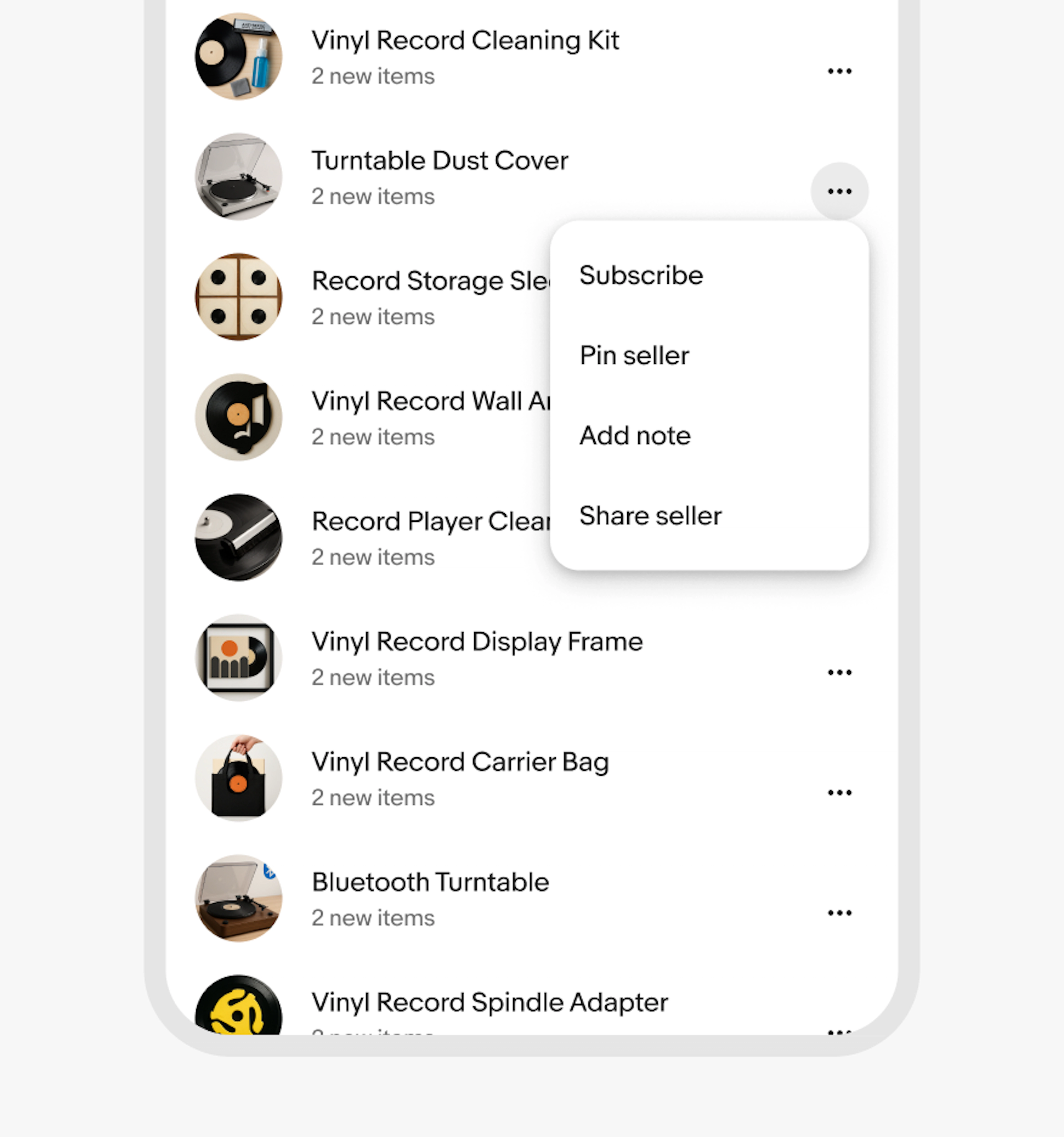A menu with actions triggered by an overflow button on a item card with Subscribe, Pin seller, Add note, Share seller