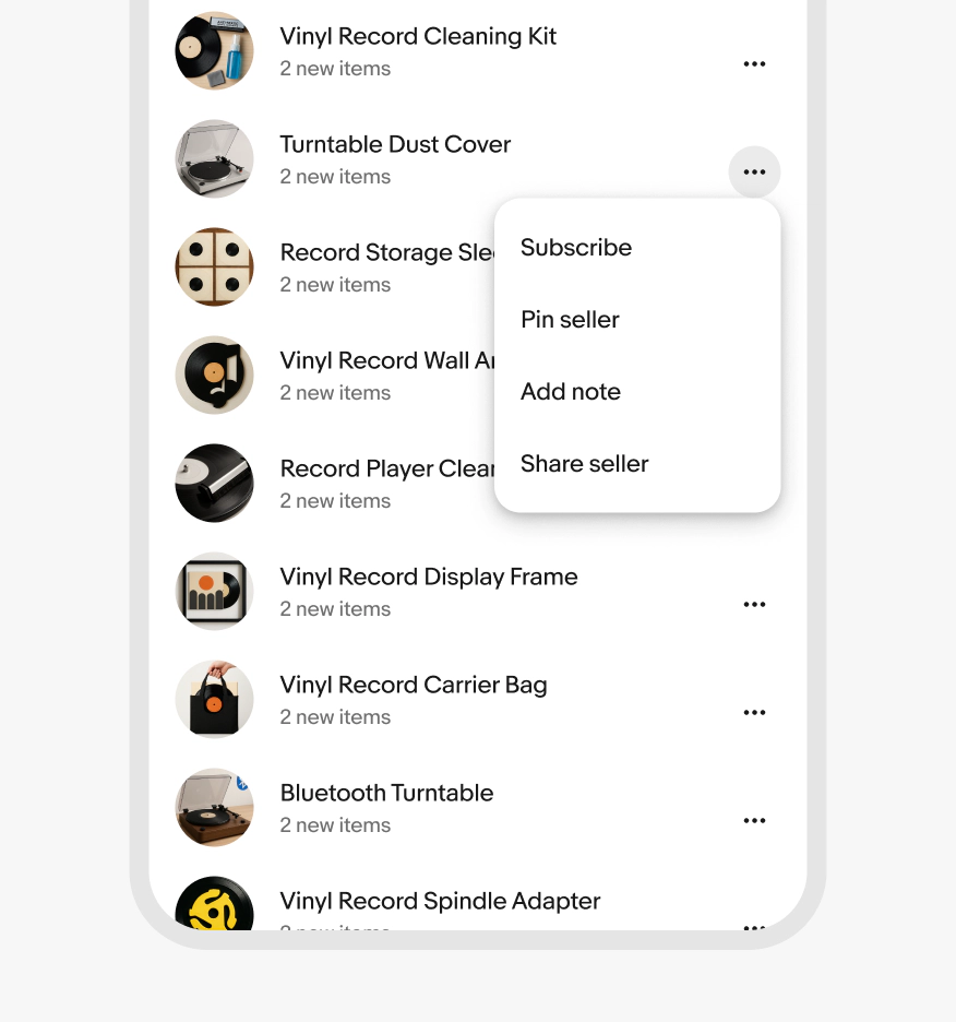 A menu with actions triggered by an overflow button on a item card with Subscribe, Pin seller, Add note, Share seller
