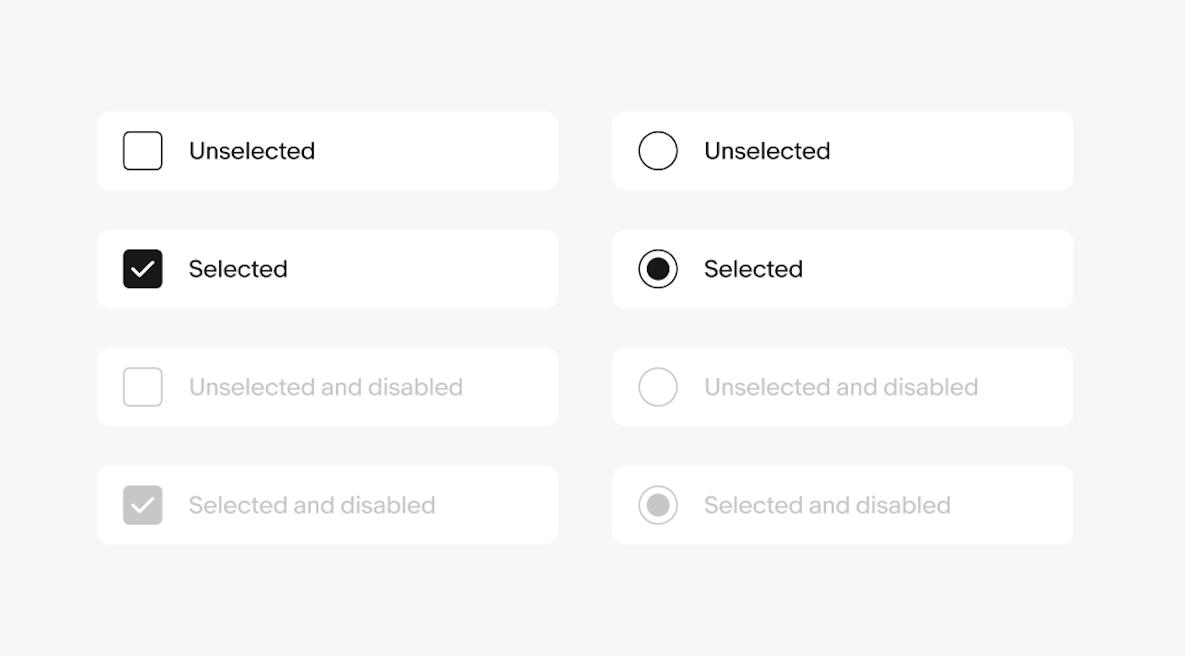 Selected state examples for list items: trailing checkmark, leading icon with checkmark, checked checkbox, and selected radio for Item 1.