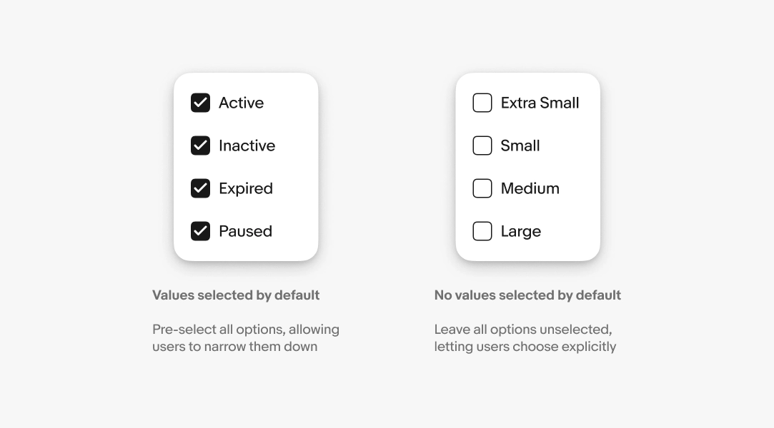 Two filter group panels side by side. The left panel, labeled "Values selected by default," shows four checked checkboxes: Active, Inactive, Expired, and Paused, with the caption "Pre-select all options, allowing users to narrow them down." The right panel, labeled "No values selected by default," shows four unchecked checkboxes: Extra Small, Small, Medium, and Large, with the caption "Leave all options unselected, letting users choose explicitly."