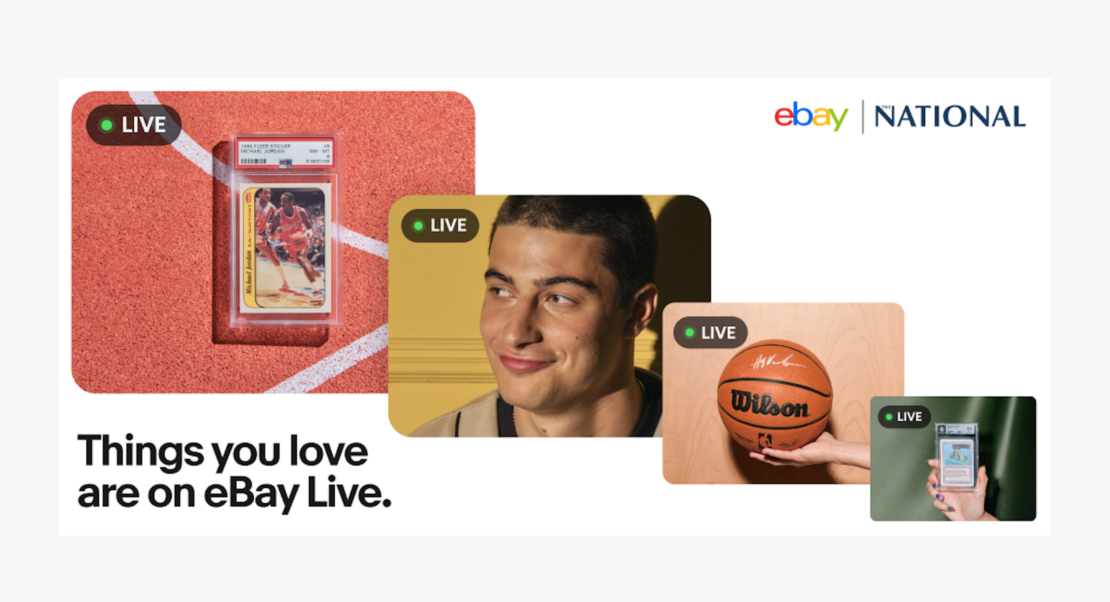 A co-branded event banner with a stack of 4 cards, each with the Live pill. The headline in the upper right reads “Things you love. Live.” The opposite corner has the primary logo lockup alongside the logo for The National.