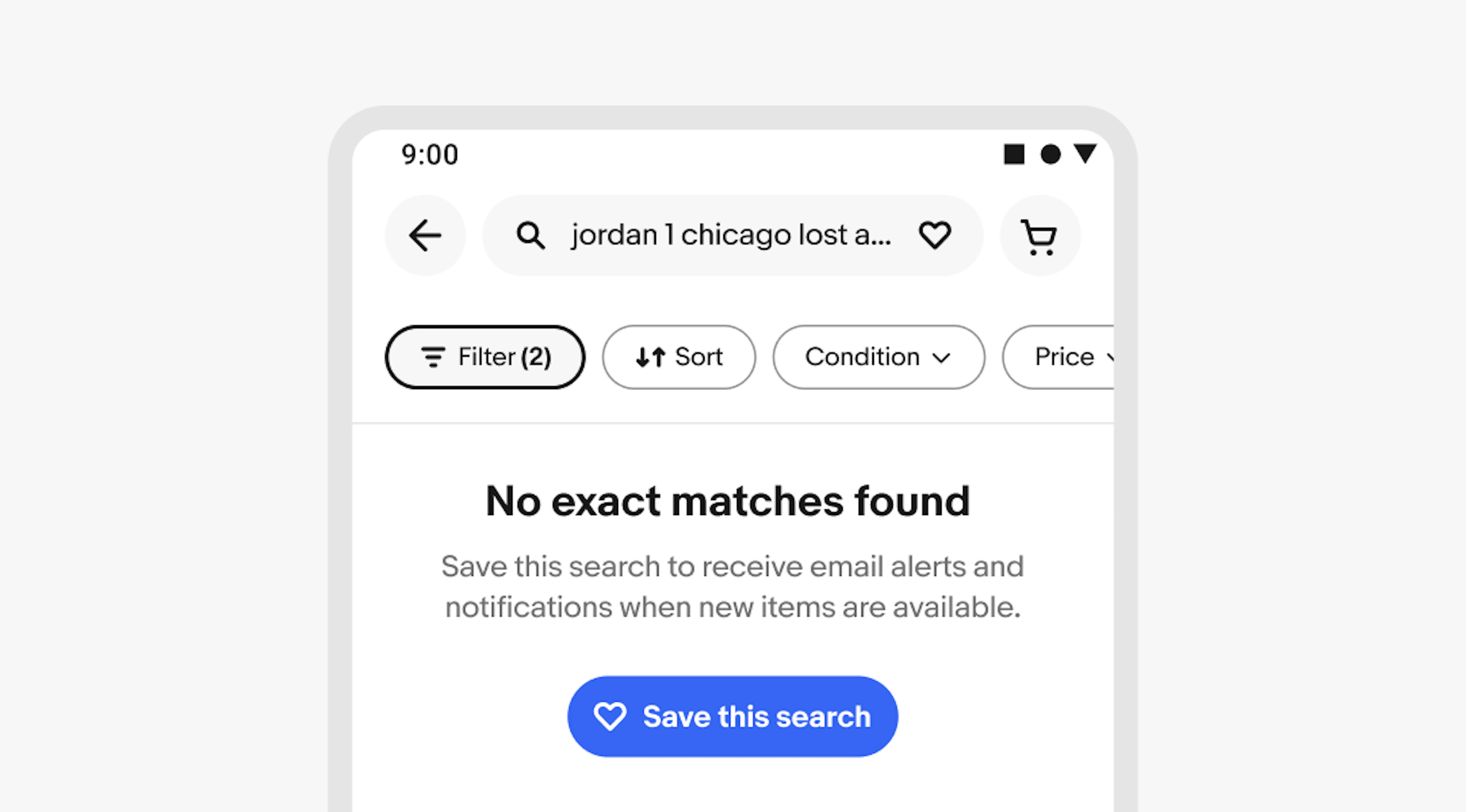 Search results screen showing no matching items with an option to save the search.