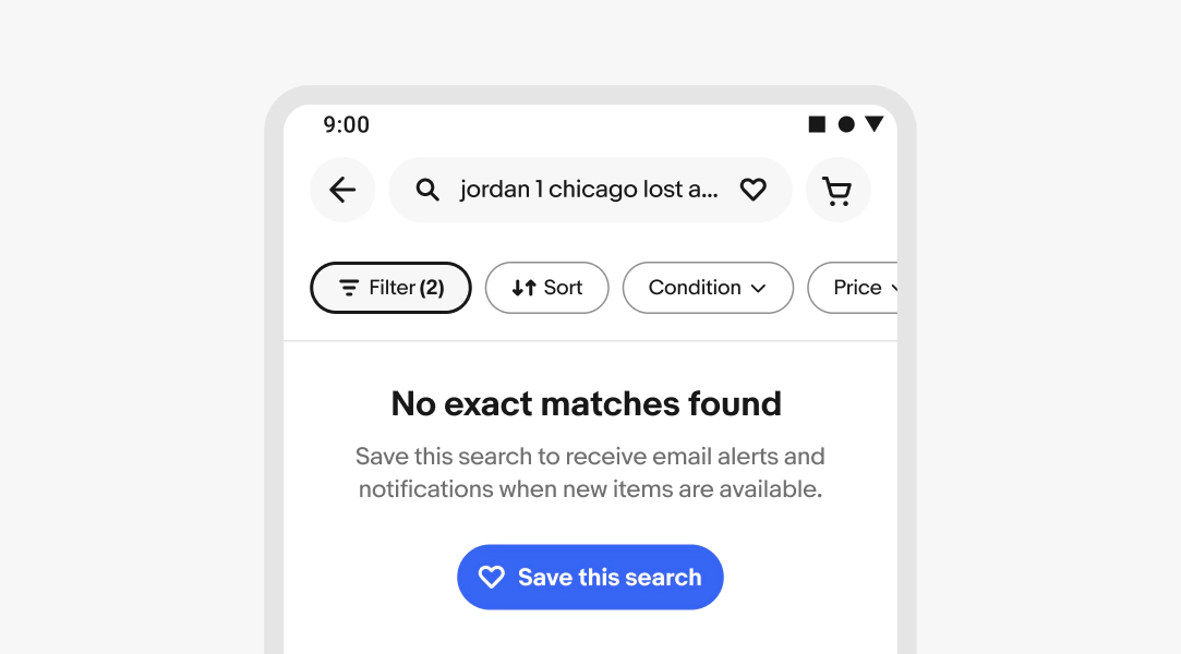 Search results screen showing no matching items with an option to save the search.