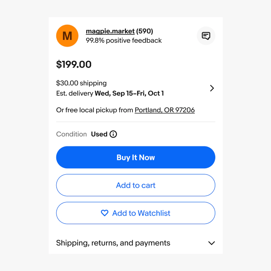 Product purchase card showing shipping cost, estimated delivery, and pickup details above purchase buttons, with additional shipping information collapsed.