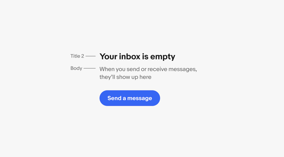 Messages empty state with an option to send a message. The image shows typography: Title 2 for the title and Body for the body copy.