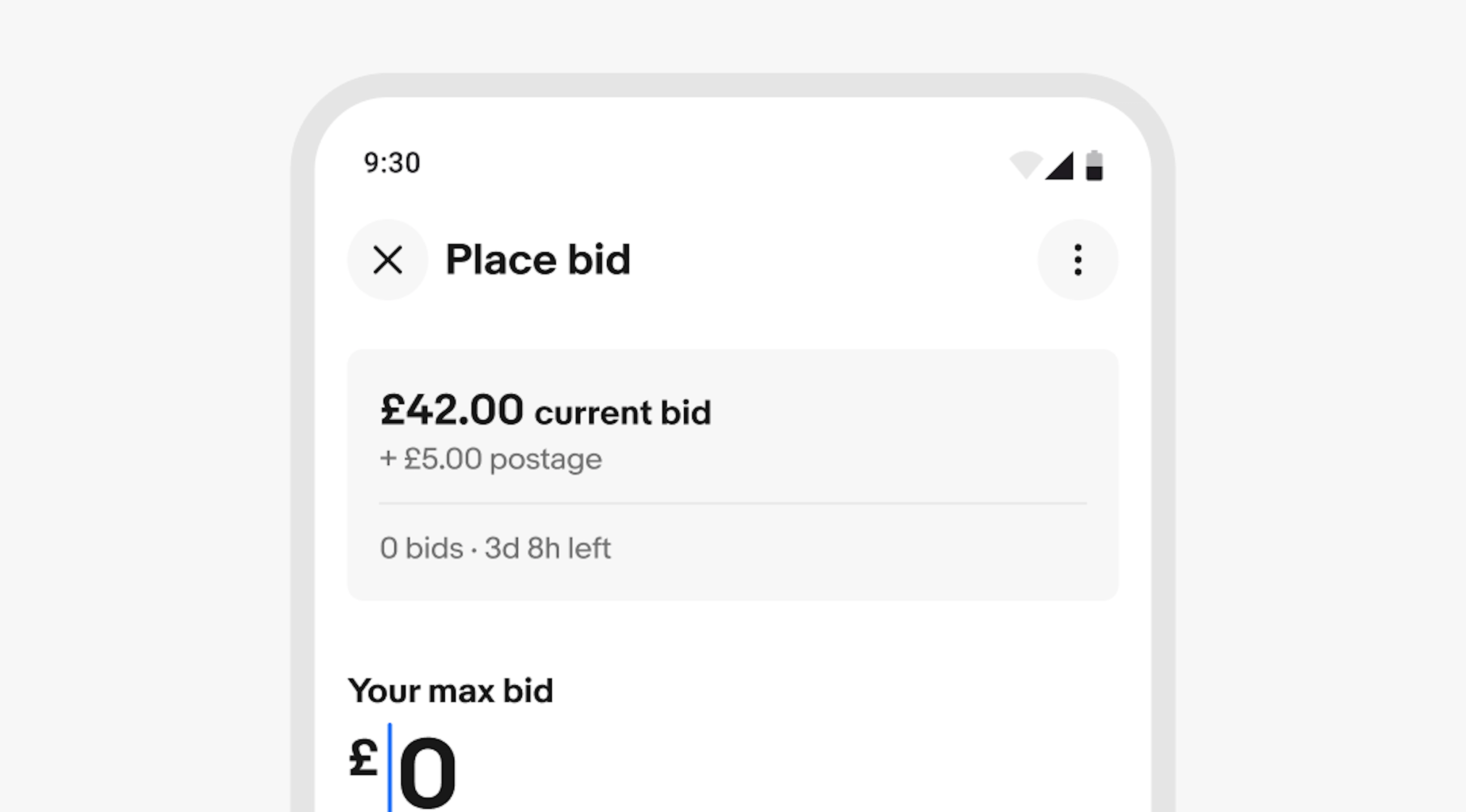 A fullscreen overlay view for placing a bid. The navigation bar has the close button in the leading position and overflow button in the trailing position