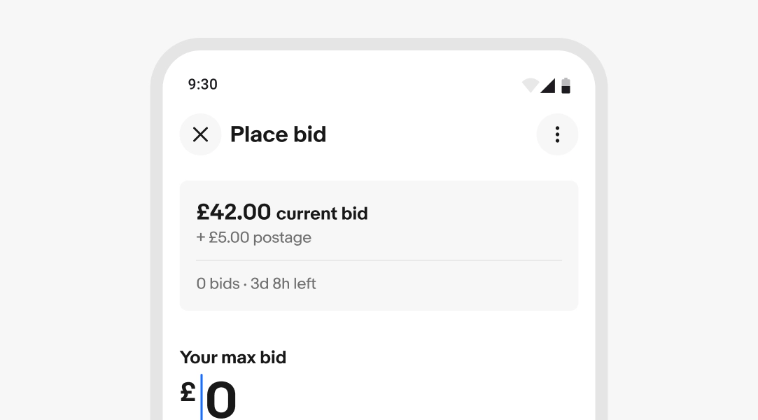 A fullscreen overlay view for placing a bid. The navigation bar has the close button in the leading position and overflow button in the trailing position
