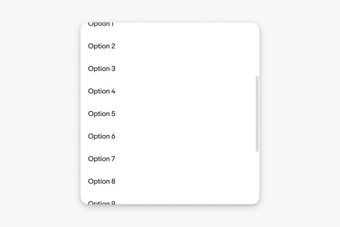 Menu list with many options and a vertical scrollbar, indicating content extends beyond the visible area.