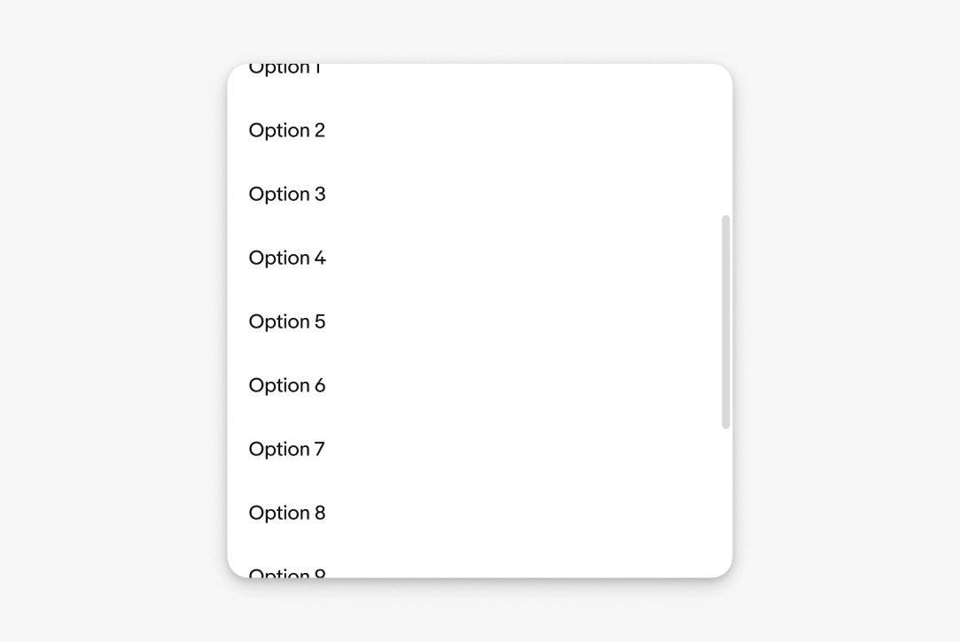 Menu list with many options and a vertical scrollbar, indicating content extends beyond the visible area.