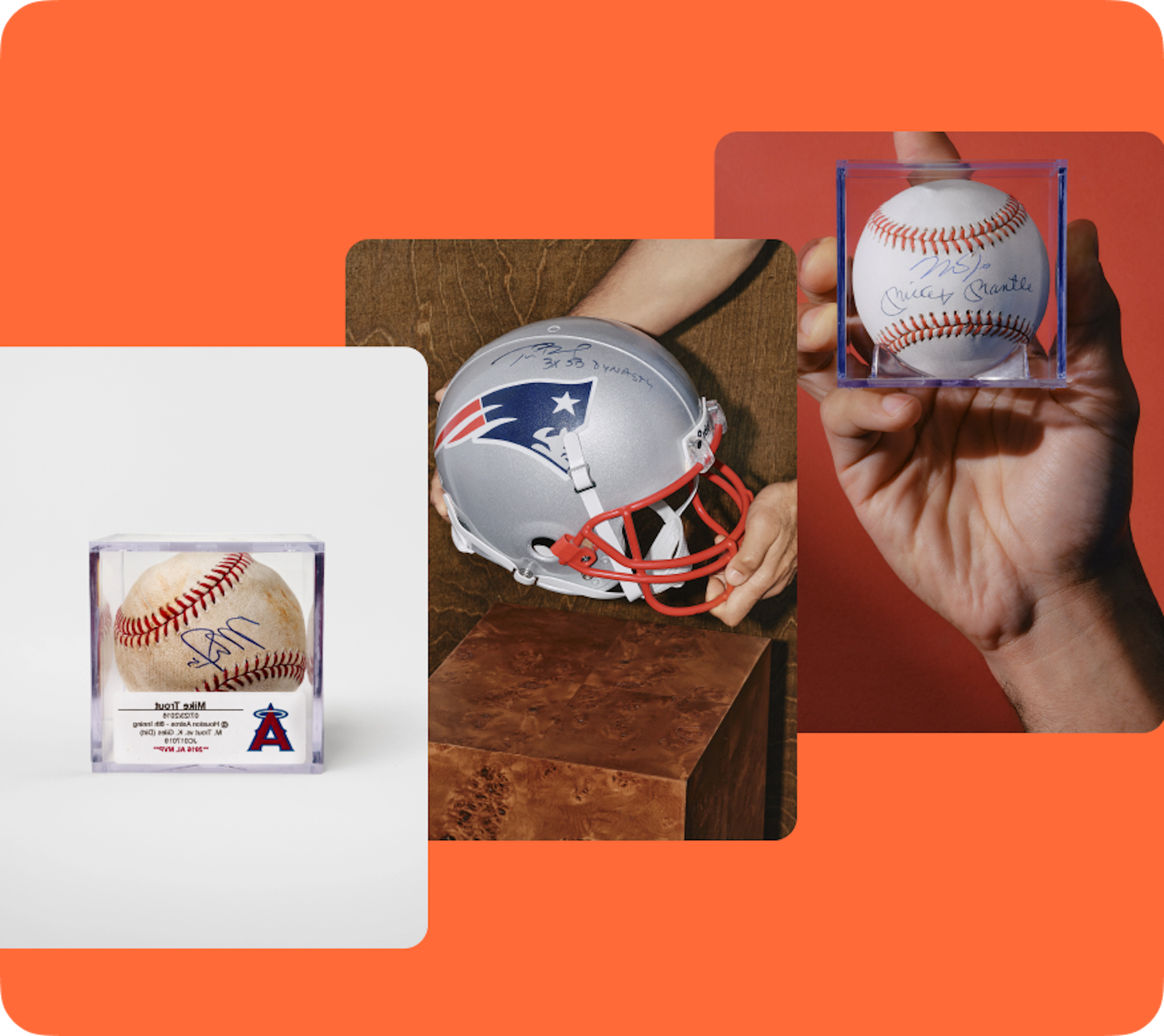 Three images–an autographed baseball, ann autographed football helmet and autographed baseball–are stacked on a light green background.