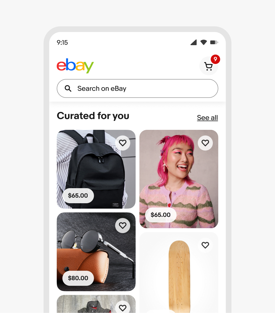 A mobile screen with 2 columns of masonry tiles that showcase a variety of items “Curated for you”.