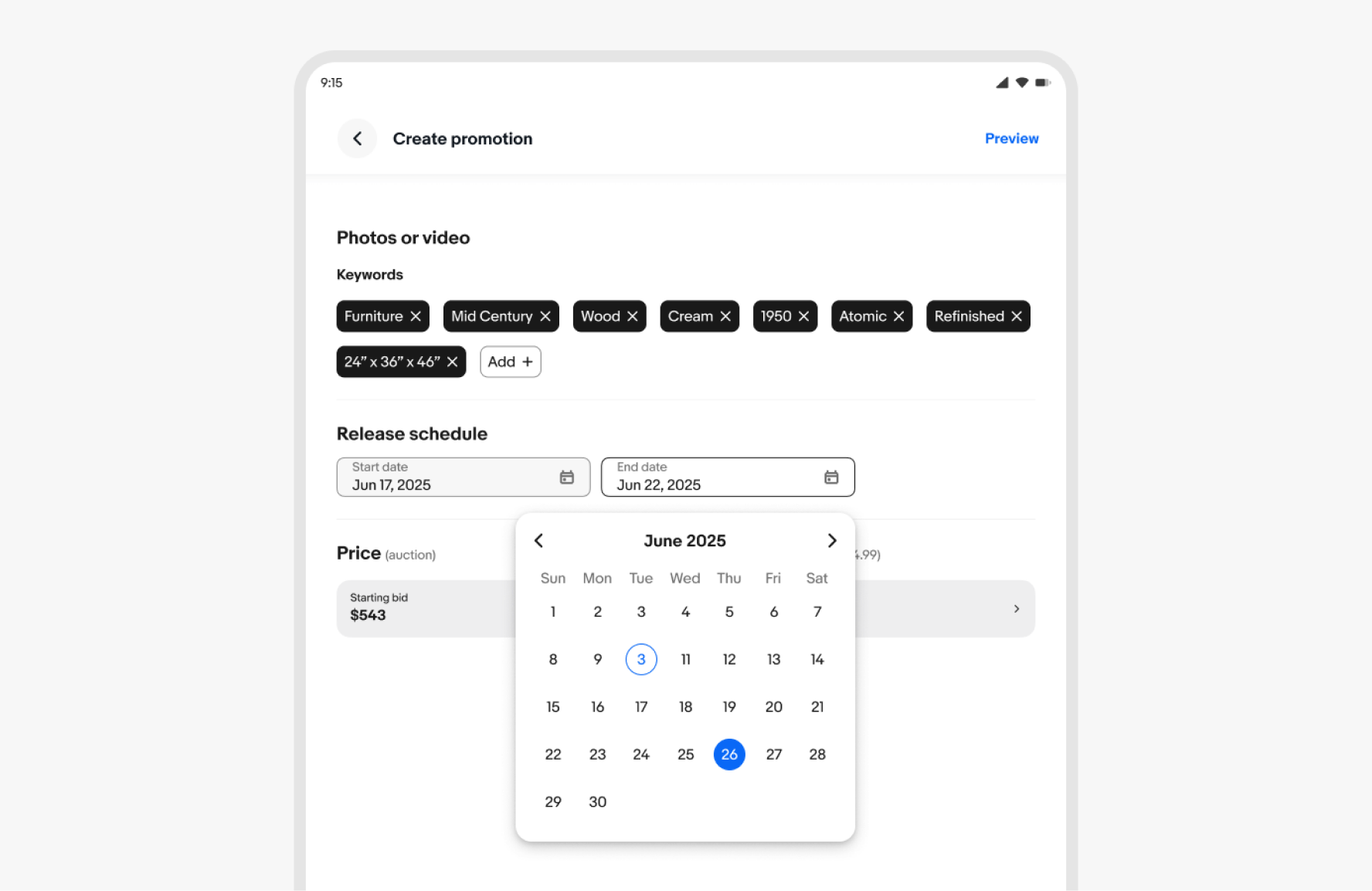 A medium screen html example using the double date picker popover.