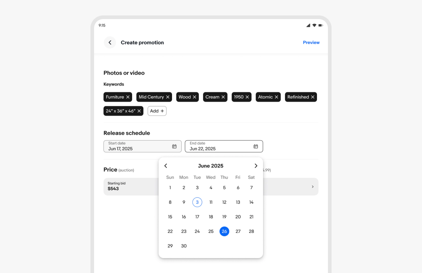 A medium screen html example using the double date picker popover.