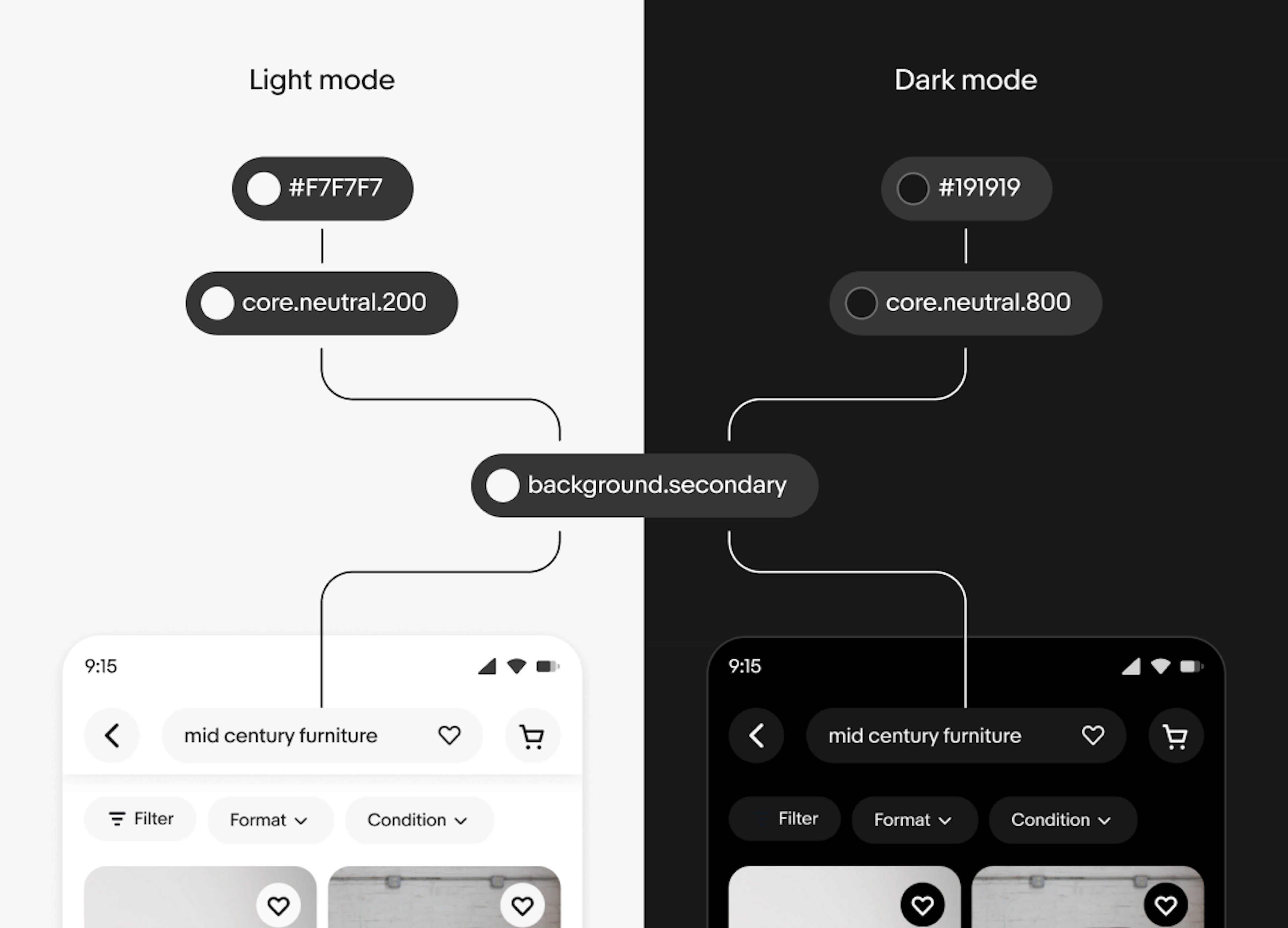 The background.secondary token points to core.neutral.200 in light mode and core.neutral.800 in dark mode. These core tokens point to #F7F7F7 and #191919, respectively.