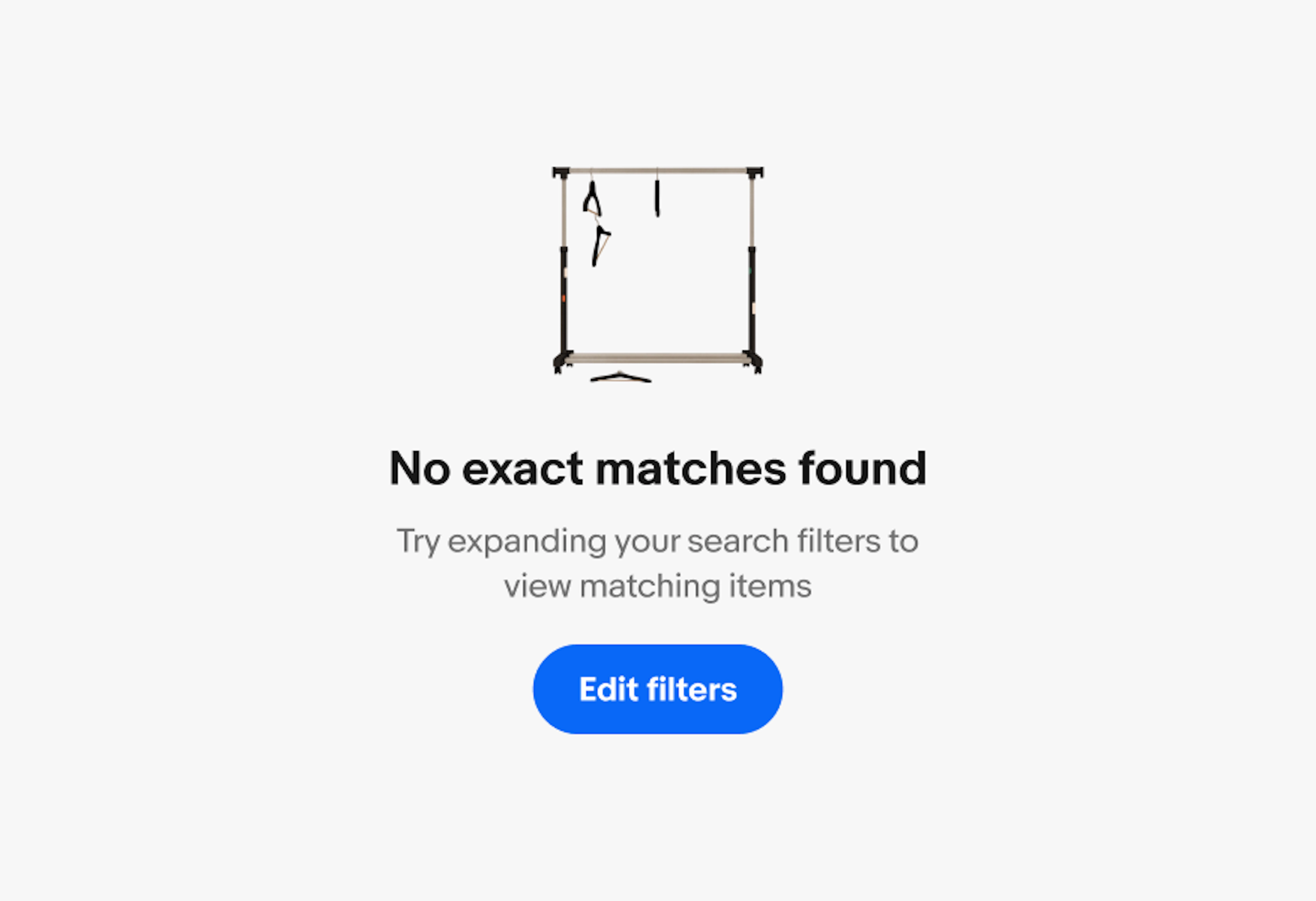 Search results empty state showing no matching items with an option to edit filters. Text reads, “No exact matches found”, “Try expanding your search filters to view matching items”