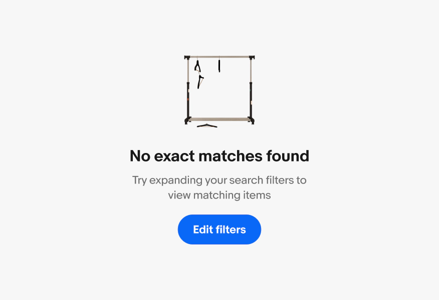 Search results empty state showing no matching items with an option to edit filters. Text reads, “No exact matches found”, “Try expanding your search filters to view matching items”