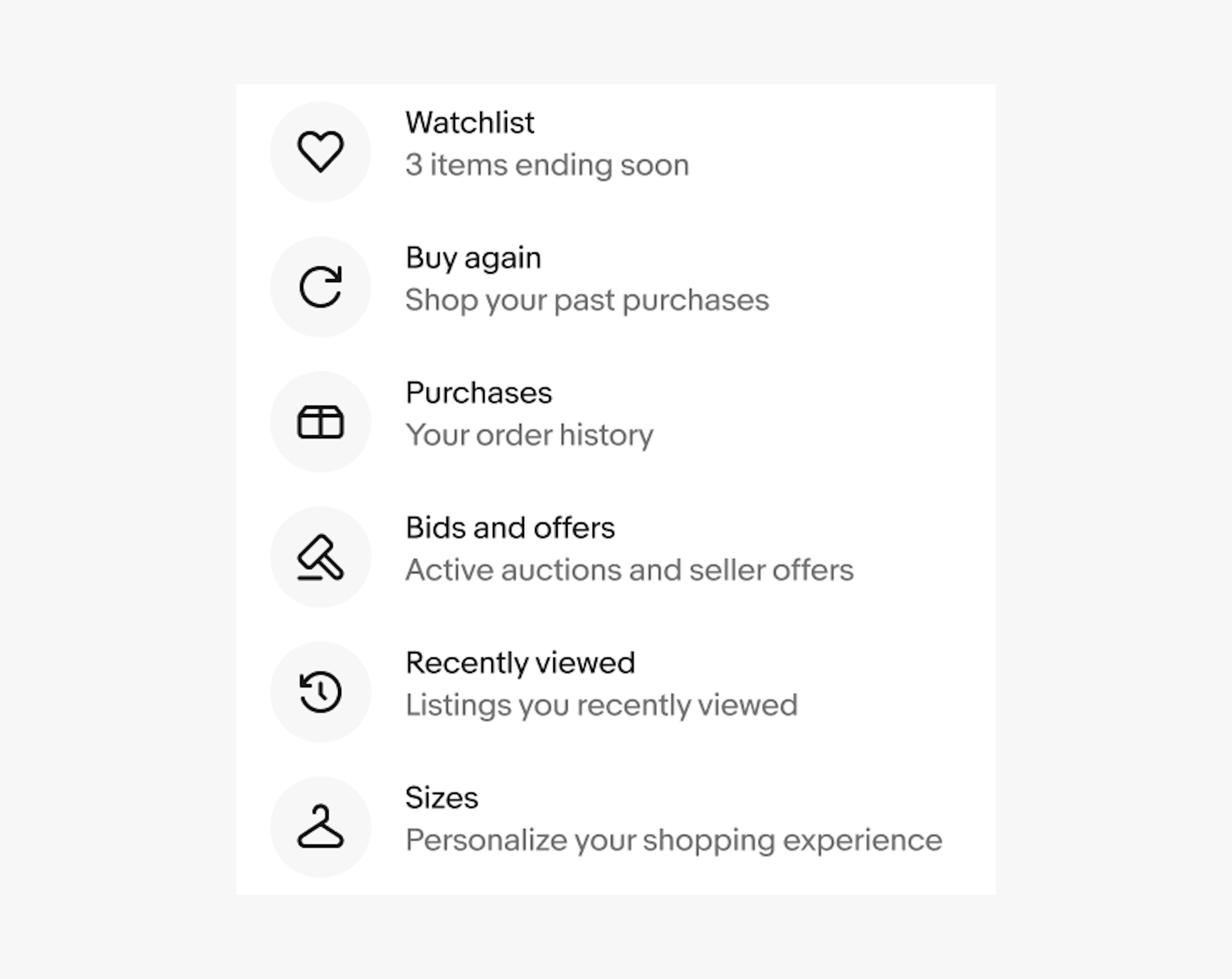 A list with 6 rows. Each list row has a leading icon and a single line of text exemplifying how list rows within a list group should have the same structure.