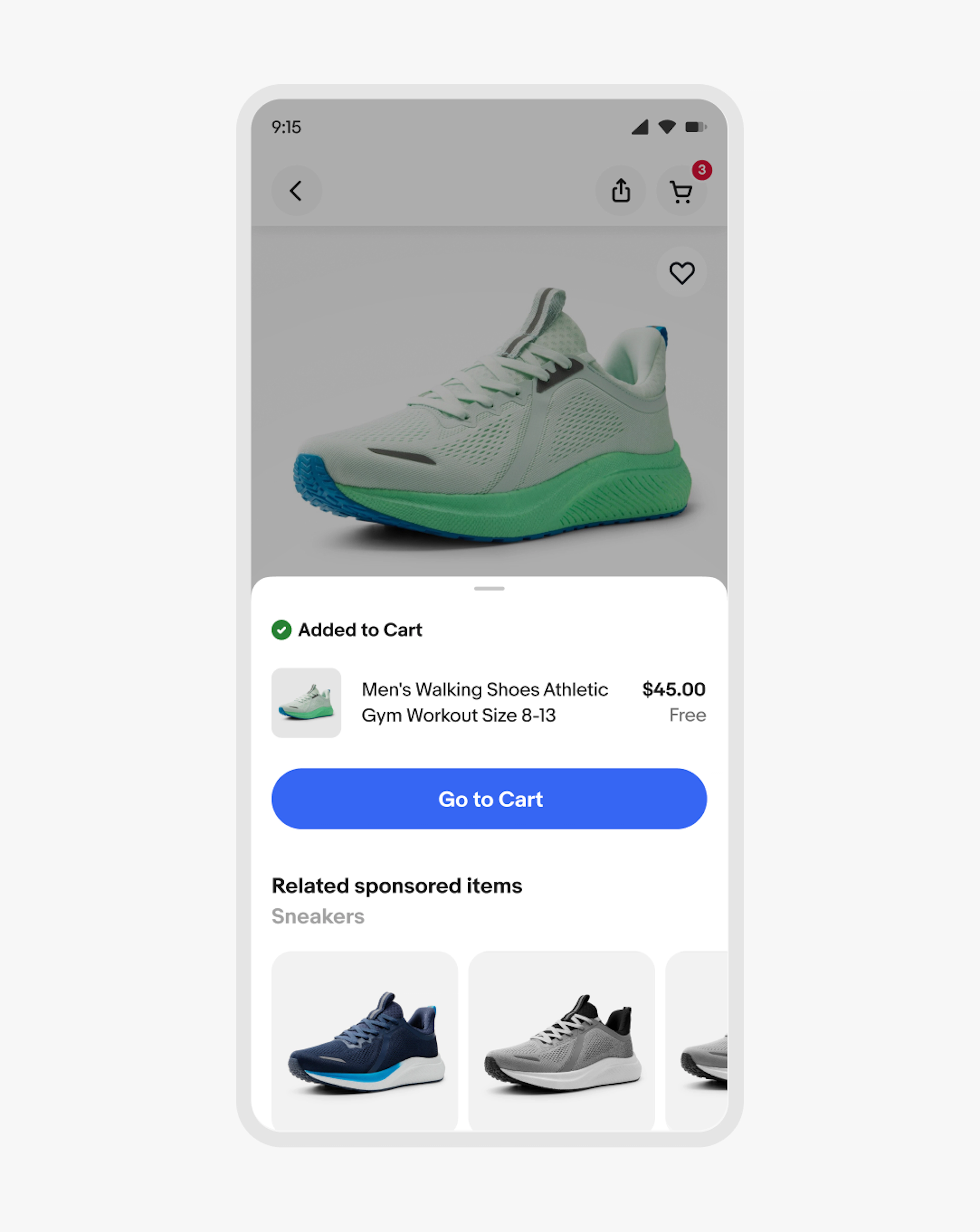 A bottom sheet design with a confirmation indicator at the top with the text “Added to Cart”.
