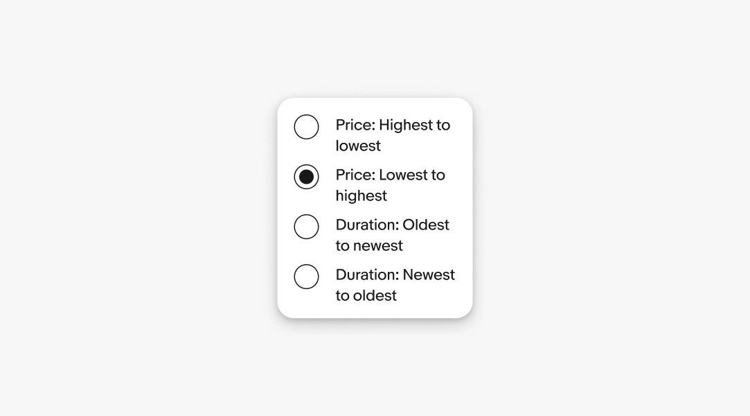 Menu with multi‑line labels demonstrating text overflow; “Price: Lowest to highest” selected; includes price and duration sort options.