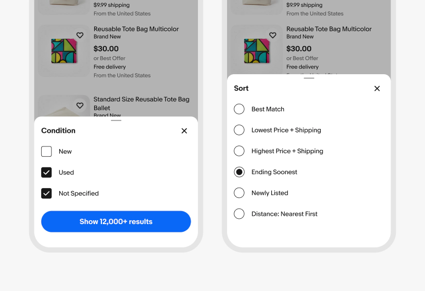 Two mobile filter sheets shown side by side: Condition uses checkboxes with Used and Not Specified selected, while Sort uses radio buttons with Ending Soonest selected.