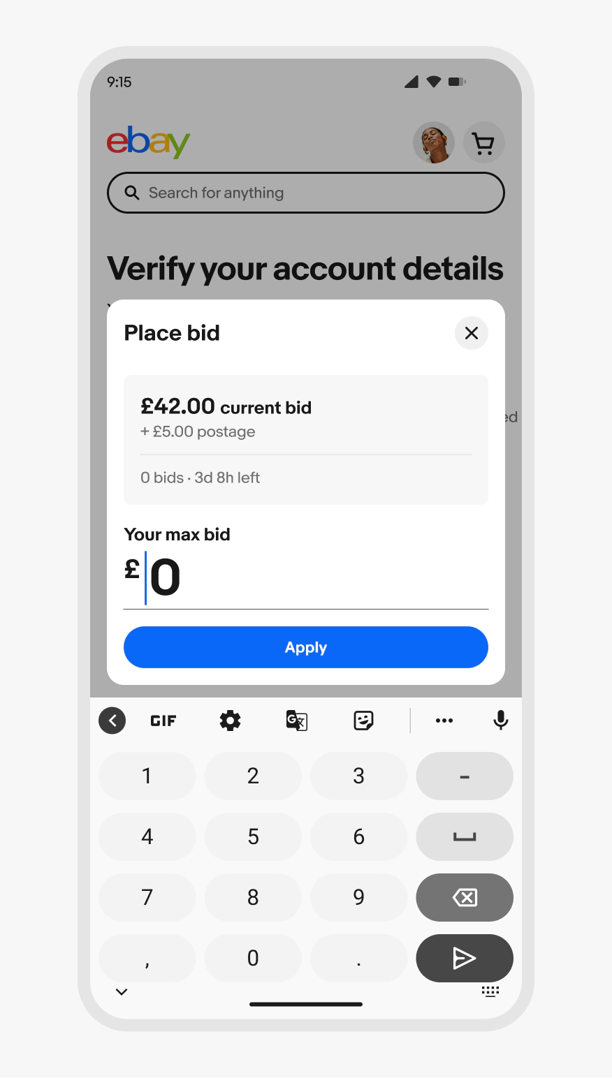 A standard dialog with a title of “place bid” and single task of placing “your max bid”.